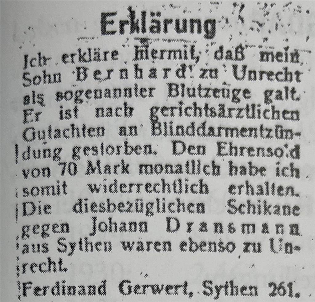 Heimatforscher klärt angeblichen Nazi-Mord in Sythen auf Ein Erklärung, die der Vater von Bernard Gerwert in der Zeitung veröffentlichen ließ.