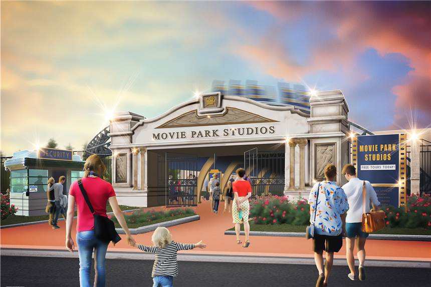 Neue Attraktion im Movie Park: Mit der Achterbahn durch Hollywood Der Movie Park baut aktuell eine neue Attraktion. So soll der Eingang der neuen "Movie Park Studios" aussehen.