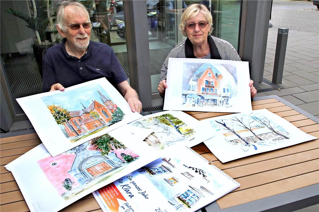 Hexenbuchen und der „Griese Mönch“: Manfred Vorholt malt für Klara Der neue Klara-Kalender enthält 13 Halterner Motive, die Manfred und Brigitte Vorholt jetzt vorstellten.
