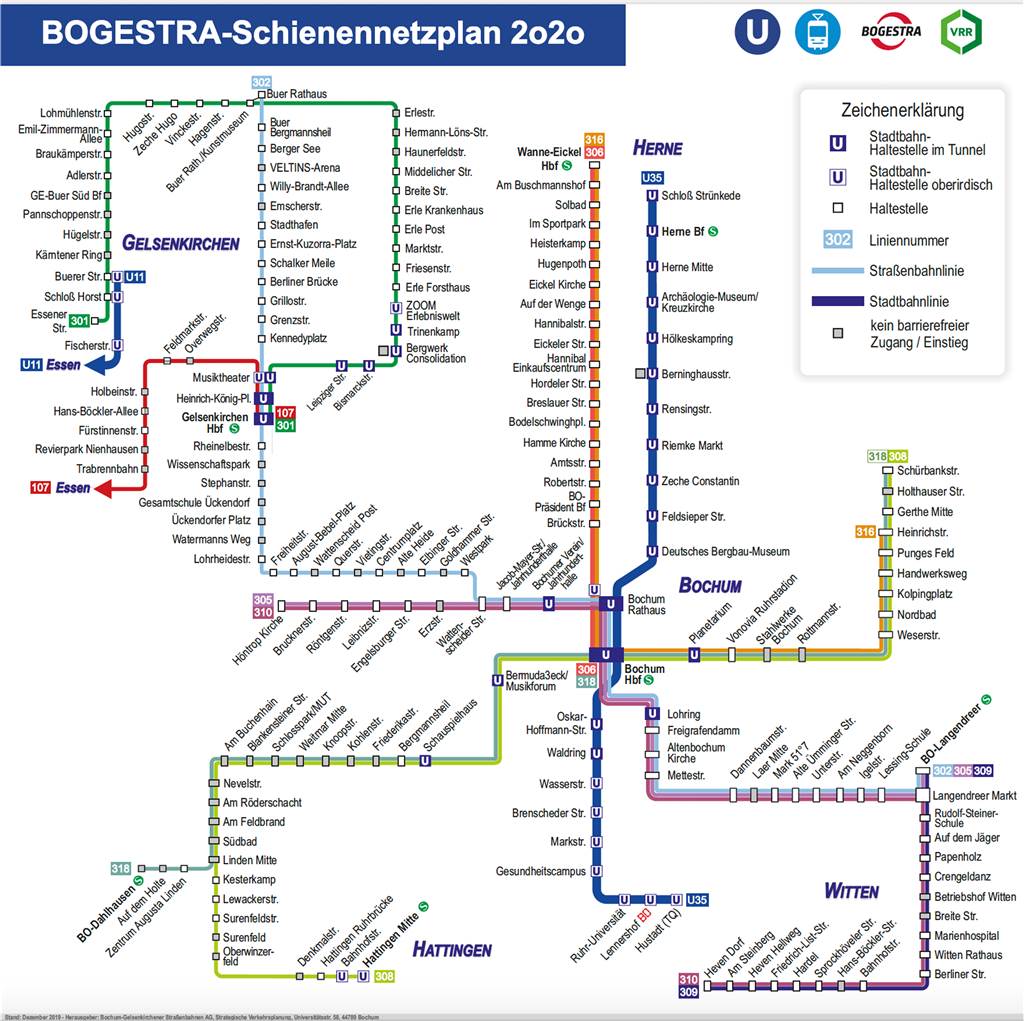 Bald fährt kein Bus mehr nach Witten - Dafür sind dann häufige Umstiege nötig Der neue Schienennetzplan 2020 zeigt Verbindungen in und rund um Bochum. Auch die neue Straßenbahnlinie 309 ist unten rechts zu sehen.