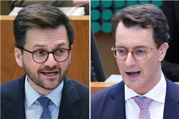 Der nordrhein-westfälische SPD-Vorsitzende und Landtagsfraktionschef Thomas Kutschaty (l) und Ministerpräsident Hendrik Wüst (r) sollen ihre Parteien als Spitzenkandidaten in den Landtagswahlkampf führen.