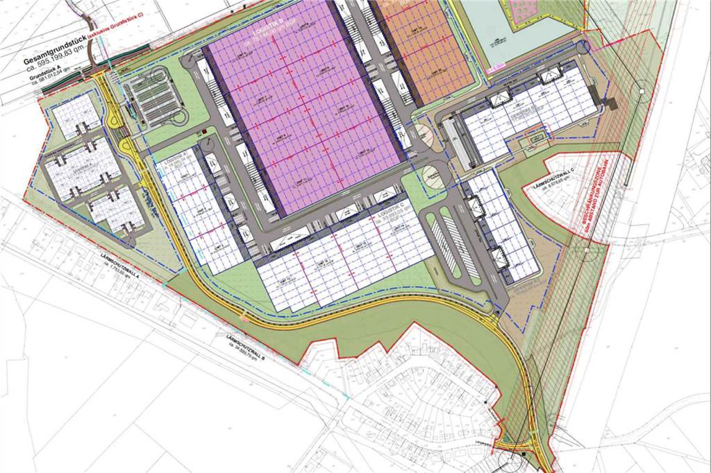 Schlüssel übergeben: Jetzt kann der große Logistikpark von Segro entstehen Der Plan aus dem Jahr 2021 zeigt im Entwurf die Gebäude für Logistik und Gewerbe im künftigen "LogPoint Ruhr". Große Teile des Areals nehmen die Hallen für Logistik ein. Im Westen und Osten sind kleinere Einheiten für Gewerbe vorgesehen.