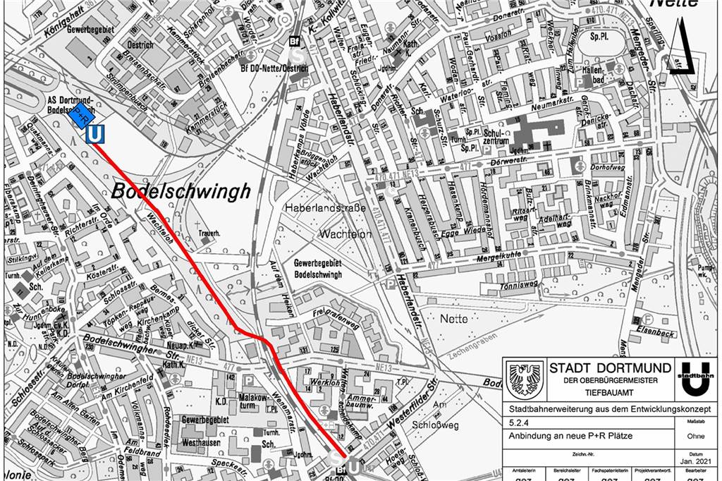 Karte vom Dortmunder Nordwesten mit eingezeichneter weiterer Linienführung der U47 bis an den Autobahnanschluss Dortmund-Bodelschwingh. 