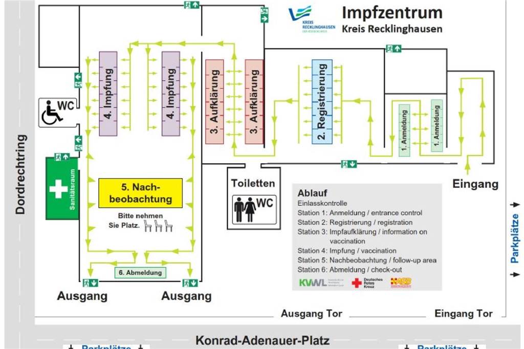 Der Plan zeigt die Stationen im Impfzentrum.