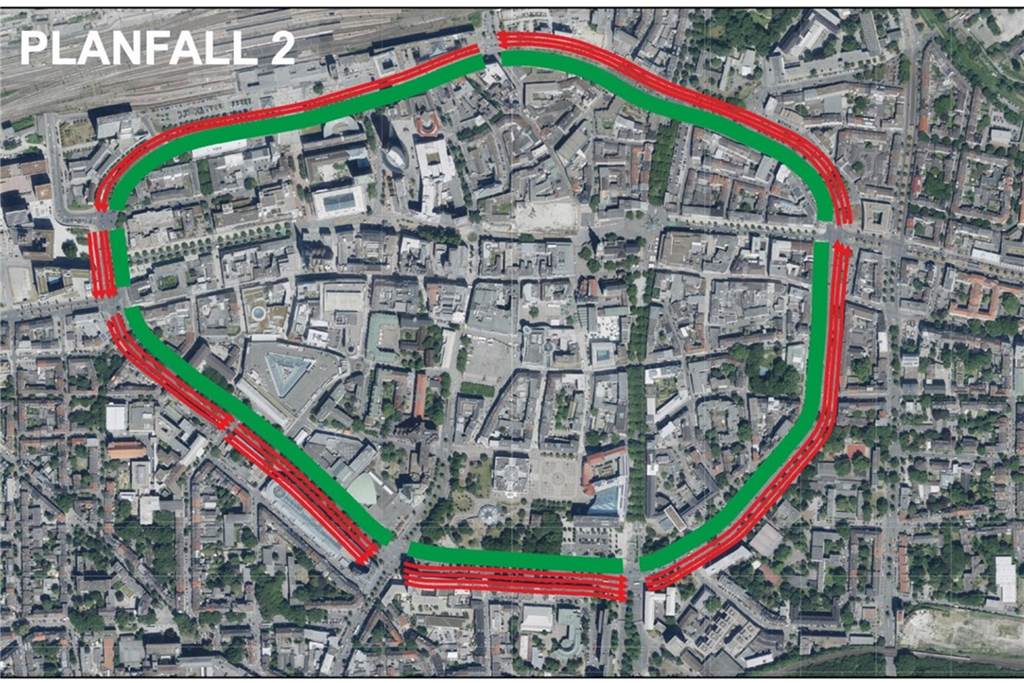 Der Wall als Einbahnstraße? Radikale Vorschläge für Innenstadt-Umbau Der Planfall 2 sieht eine Einbahnstraßenregelung gegen denUhrzeigersinn auf dem Wallring vor. Die übrig bleibende Fahrbahn ist dann für Radfahrer und Fußgänger reserviert.