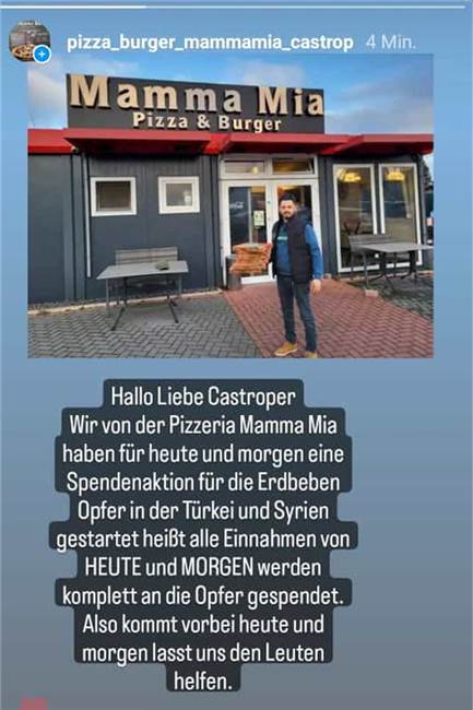Live von der Pizzeria Mamma Mia in Castrop-Rauxel: Spendenaktion für die Erdbebenopfer Das Instagram-Reel der Pizzeria Mamma Mia.