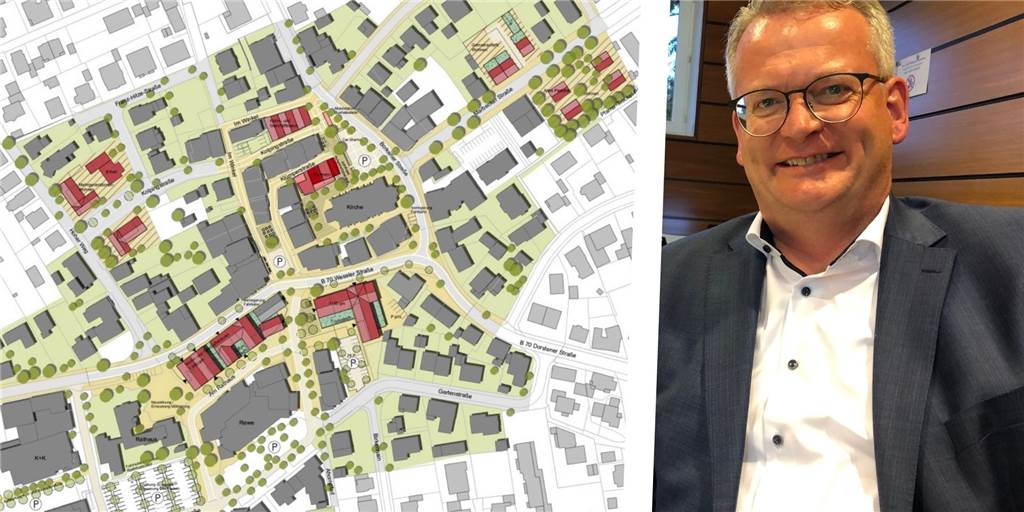 Martin Tesing: „Rahmenplan Ortsmitte kommt auf Zielgrade“ – Das sind die Ideen Links ist ein Plan zu sehen, was in Raesfeld passieren könnte. Rechts: Bürgermeister Martin Tesing.