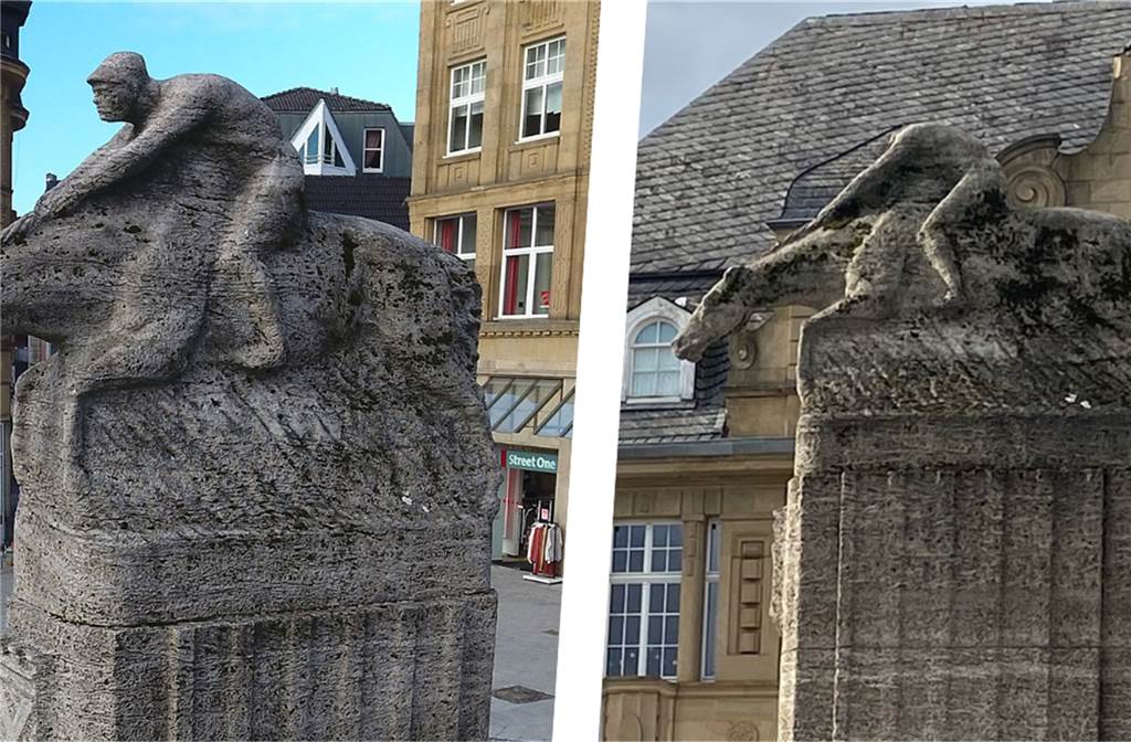 Eingehüllt in 1000 Lichter: Was wird aus dem kopflosen Reiterbrunnen? Der Reiterbrunnen in ganz und in beschädigter Form: Die Stadt will ihn wieder herrichten lassen. Für den Verursacher wird das wohl ein Haftpflicht-Versicherungsfall.