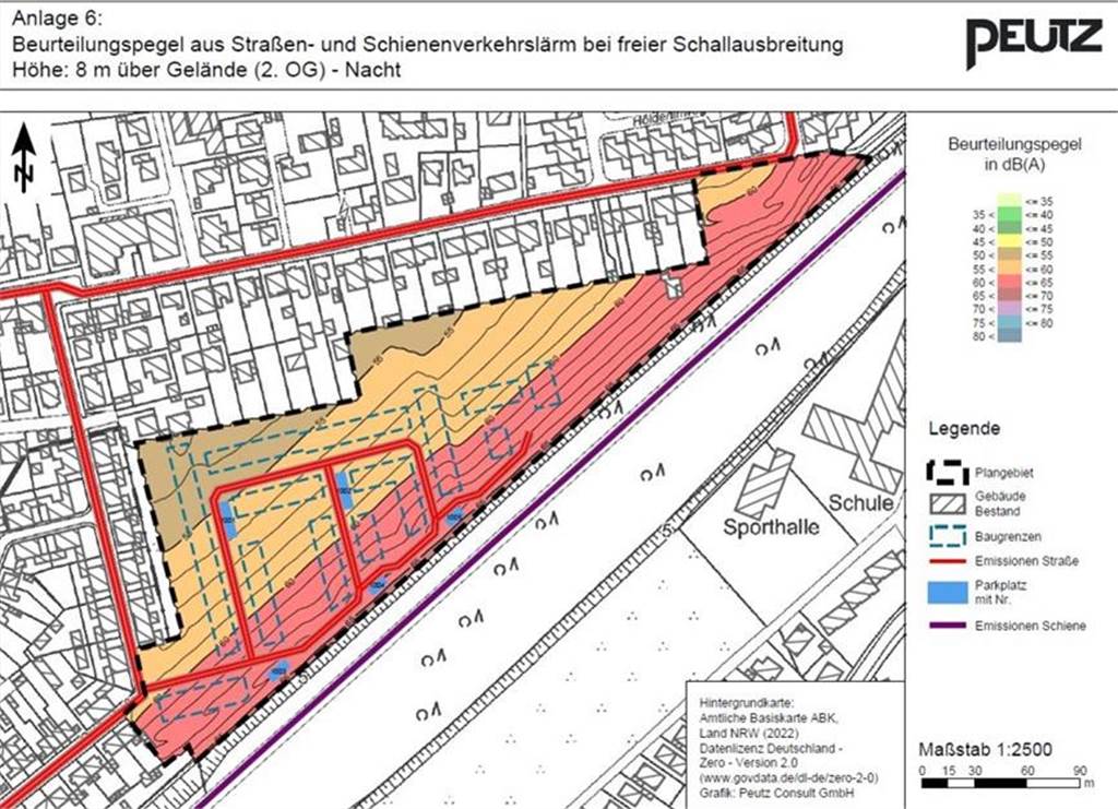 Diskussionen bei Bürgerinformation zu geplanten Bebauung Grenzstraße Der rot gekennzeichnete Bereich liegt im 60-65 Dezibel-Bereich. Daher ist eine Lärmschutzwand geplant.