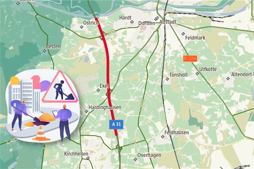 A 31 wird nun zur Großbaustelle: So ist der Zeitplan bis Herbst 2022 Der rote Streckenabschnitt wird bis Herbst 2022 saniert.