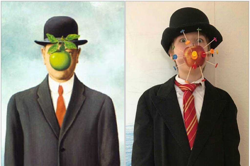 Witzige Kunst-Challenge: Dortmunder Schüler stellen berühmte Gemälde nach „Der Sohn des Mannes“ von René Magritte.