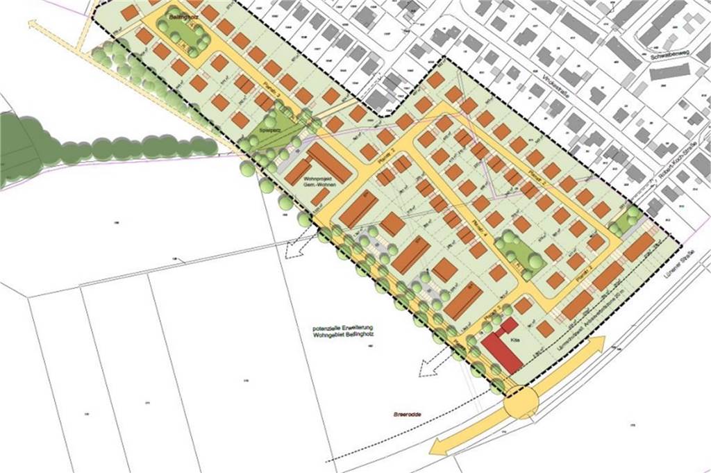 Bürger sollen beim Wohnquartier Bellingholz-Süd ein Wörtchen mitreden Der städtebauliche Entwurf für das Neubaugebiet Bellingholz-Süd. Gerne hätte die Stadt einen Kreisverkehr im Einfahrtsbereich gehabt - doch da wollte der Landesbetrieb Straßen.NRW nicht mitspielen.