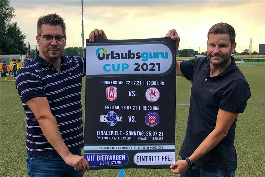 Niedrige Inzidenz macht’s möglich: Königsborner SV richtet Stadt-Turnier aus Der stellvertretende Abteilungsleiter Patrick Theus (links) und Hanno Wigger laden zum Turnier auf die Anlage des Königsborner SV ein.