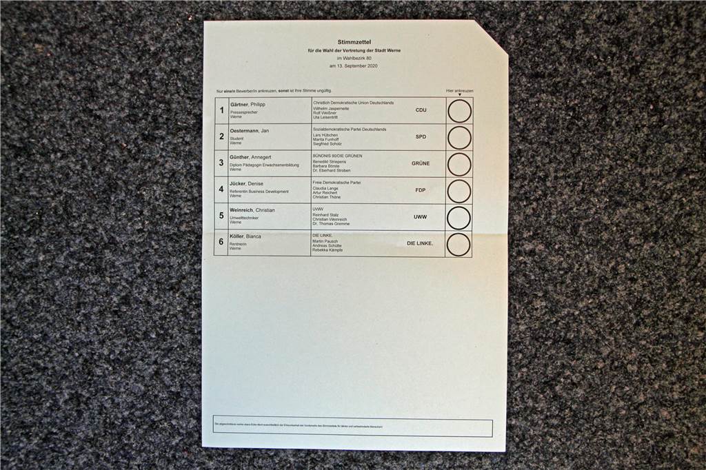 Gelochte Scheine und eigentümliche Nummern - seltsame Stimmzettel 2020 Der Stimmzettel für die Stadtratswahl in Werne weist die Kandidaten von sechs Parteien auf und ist in einem hellen Blau gehalten.