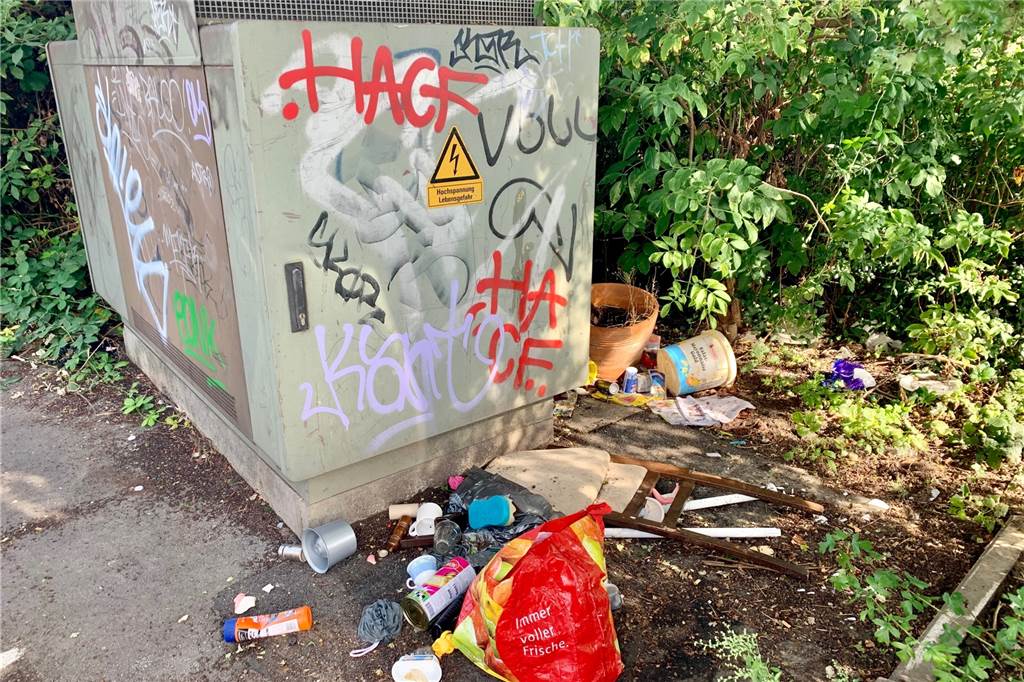 Müll und Uringestank: Nur 500 Meter vom Phoenix-See verkommt ein Platz Der Stromkasten steht nur wenige Meter vom Container entfernt. Auch hier ist alles vermüllt.