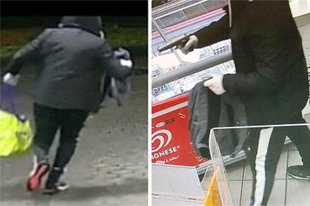 Tankstellen-Überfälle: Polizei sucht mit Fotos nach mutmaßlichem Täter Der Tankstellenräuber trug bei den Überfällen auffällige Kleidung. Unter anderem Schuhe mit roter Sohle.