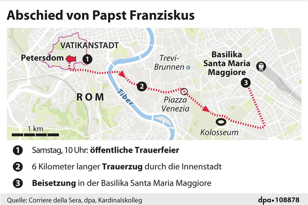 Jetzt live: Trauerfeier für Papst Franziskus beginnt: Sarg vor Altar aufgestellt Karte von Rom mit der sechs Kilometer langen Route