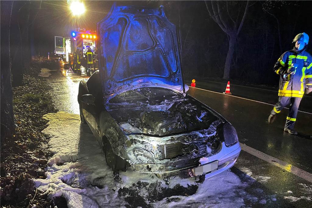 Auto eines Raesfelders geht während der Fahrt in Flammen auf Das ausgebrannte Auto am Marler Damm in Wulfen nach Ende der Löscharbeiten.