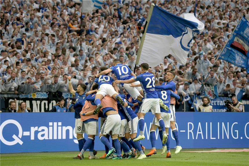 Derbysieg für den FC Schalke 04! Hier bejubelt Königsblau das Tor zum 1:0.