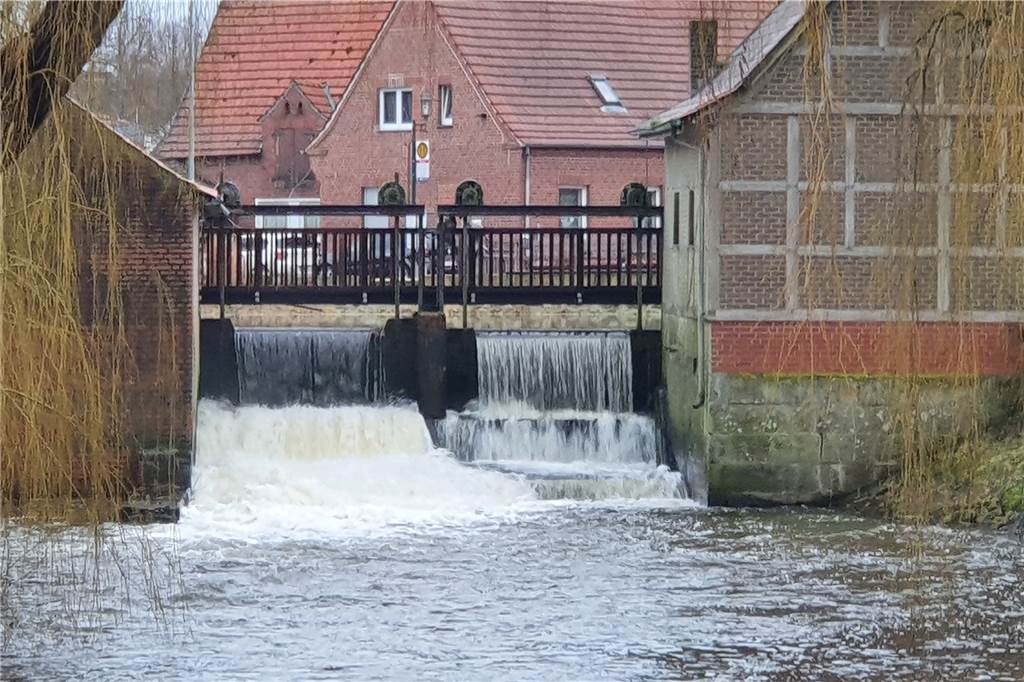 Neuer Fischbesatz: Angelverein blickt mit Sorge auf das Wehr Derzeit ist die Dinkel gut gefüllt. Das Wasser schießt durch das geöffnete Wehr. Doch wie sieht das im kommenden Sommer aus?