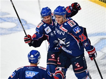 Die Adler Mannheim feiern einen 7:1-Erfolg gegen Düsseldorf. Foto: Uwe Anspach