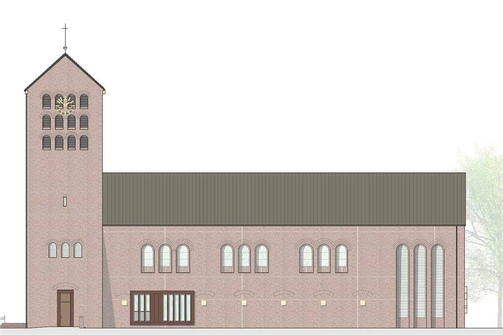 Die Ansicht der neuen Kirche St. Josef mit den neuen Fenstern im unteren Bereich der Pfarrheim-Räume. 