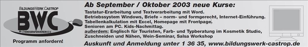 Die Anzeige des Bildungswerkes aus der Ruhr Nachrichten Ausgabe vom 5. September 2003.