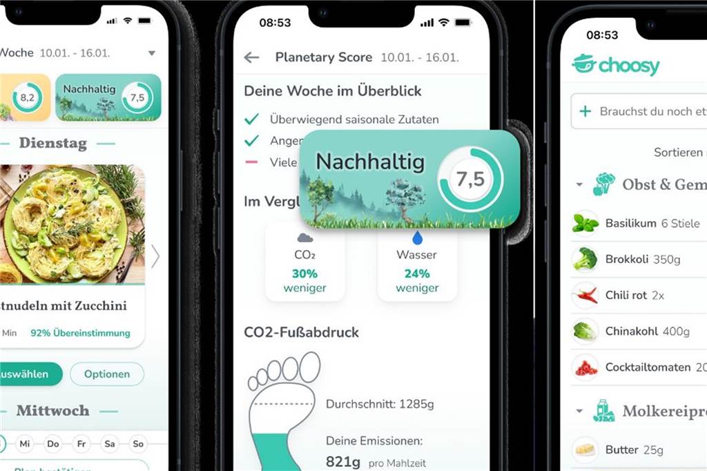 App kennt die Geschmacksvorlieben und fungiert als Einkaufszettel Die App macht Rezeptvorschläge (l.), bewertet den ökologischen Fußabdruck (Mitte) und fungiert als Einkaufszettel (r.)