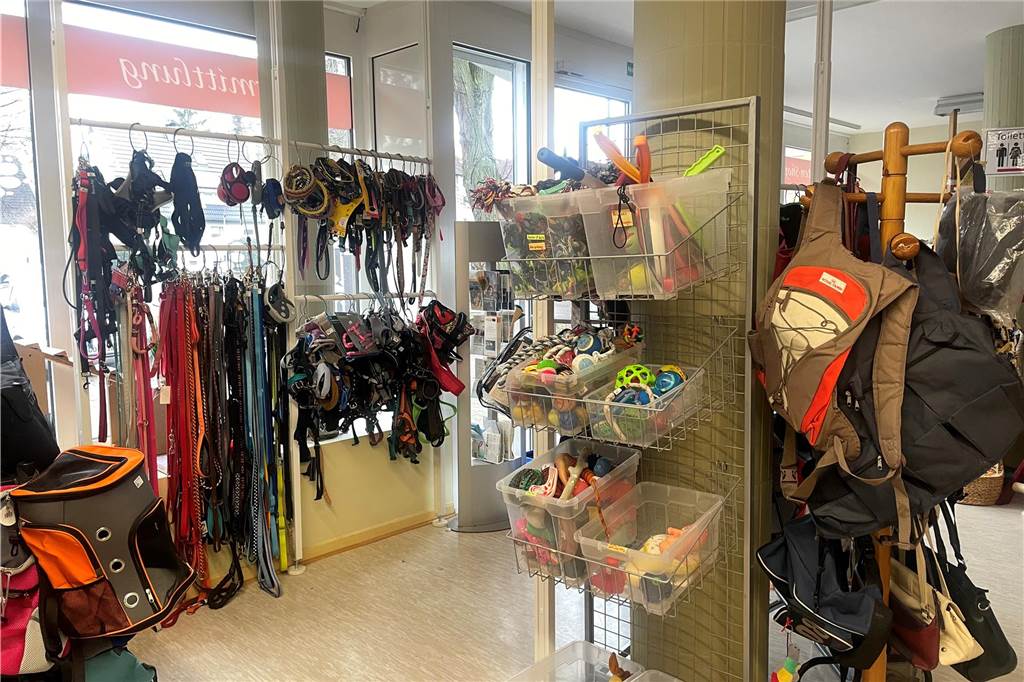 Tierschutz am Limit: Tierheime in Dortmund sind überfüllt Der Shop der Arche 90 hat eine große Auswahl an Zubehör für Hunde, Katzen und Nager. Das Bild zeigt einen Teil des Zubehörs innerhalb des Shops.