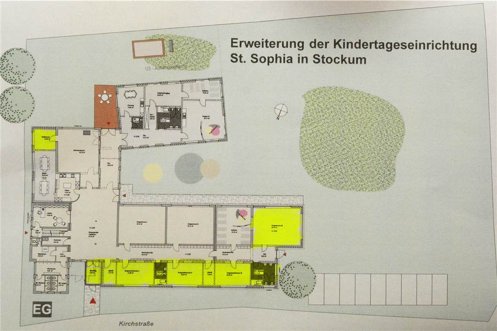 Wasserschäden: Kita St. Sophia muss kurzfristig geräumt werden Die auf dem Grundriss gelb markierten Räume sind aktuell aufgrund der Schäden nicht mehr nutzbar.