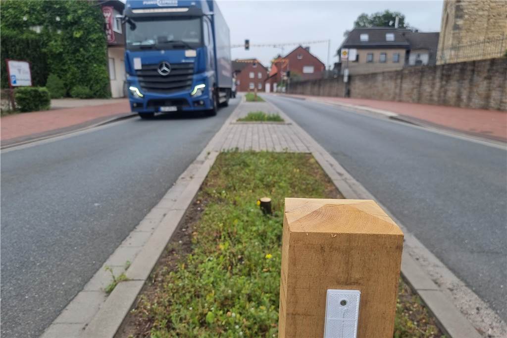 Abgesägte Bäume: Der entscheidende Zeugenhinweis fehlt noch immer Die aufgestellten Holzpfähle Damit Reflektoren sollen verhindern, dass bei Dunkelheit über die Baumbeete gefahren wird.