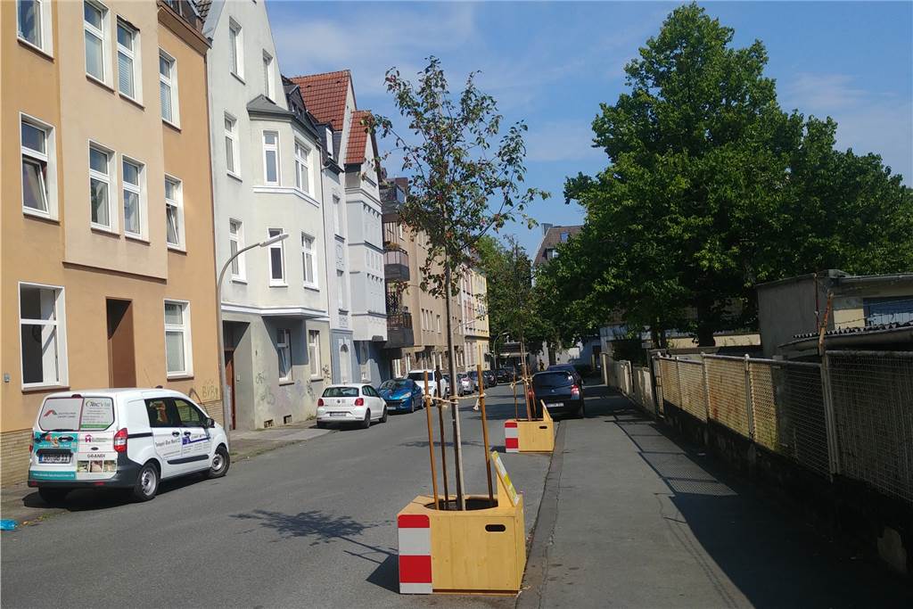 Menschen aus Hörde bestimmen, wo Bäume gepflanzt werden sollen Die Bäume im Kasten stehen stellvertretend für einen Baum, der am Standort gepflanzt werden könnte. Anwohner können sich so mit dem Straßenbild, das mit einem Baum entstehen könnte, vertraut machen.