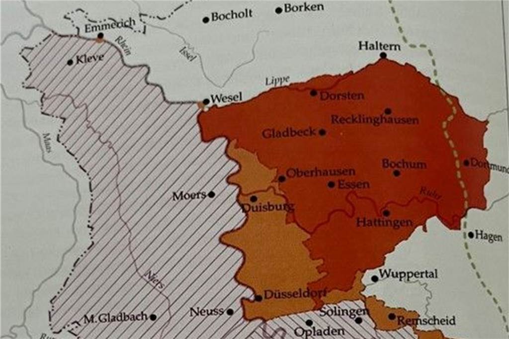Im Ruhrkampf: Vor 100 Jahren besetzten belgische Soldaten Dorsten Die besetzte Ruhr-Zone ist in roter Fläche dargestellt - nur in Dorsten geht sie im Norden über die Lippe hinaus.