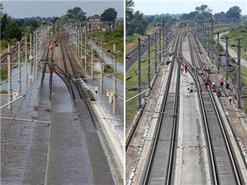 Die Bildkombo zeigt die Bahntrasse bei Schönhausen (Sachsen-Anhalt) während des Hochwassers am 11.06.2013 und nach der Flut. Foto: Jan Woitas/Christian Charisius