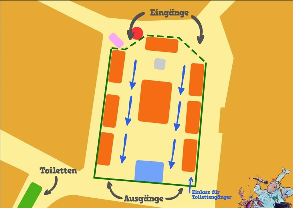 So wird der Marktplatz bei „Castrop kocht über“ aussehen Die blauen Pfeile markieren die Richtung der Einbahnstraßenregelung. Ein- und Ausgänge sowie Toiletten sind markiert.