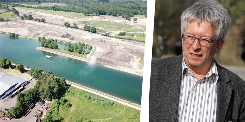 Ein Luftbild des Rhein-Herne-Kanals nahe der Wartburgbrücke zeigt die Stelle, wo der Sprung über die Emscher gelingen soll. Daneben ist ein Porträtbild des EUV-Chefs Michael Werner zu sehen.