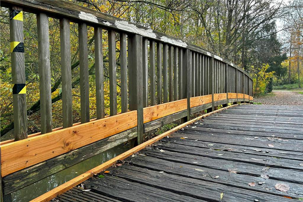 Stadtpark Werne: Jaymé Rieck (21) hilft eigenmächtig aus Die Horne-Brücke im Stadtpark mit verstärktem Geländer.