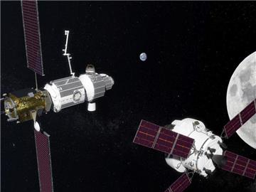Die Computergrafik zeigt die geplante Raumstation "Deep Space Gateway" (l) und das Raumfahrzeug Orion. Foto: NASA