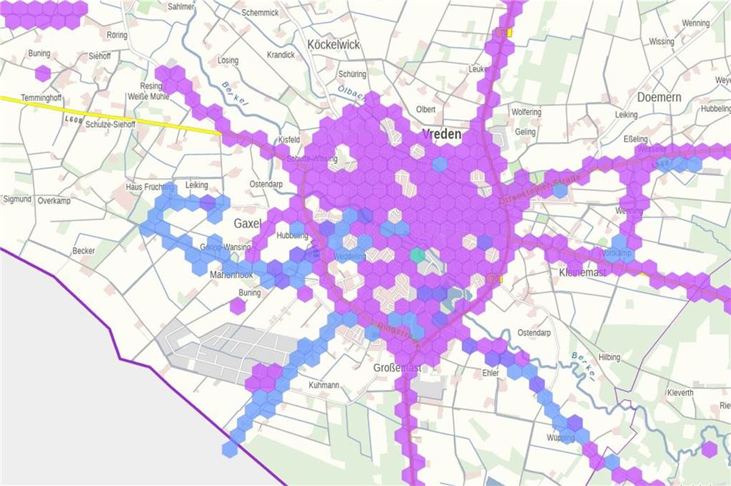Telekom baut neuen Mast in Vreden – Funkloch laut Land NRW beseitigt Die Daten der Funkloch-App werden in einer Karte dargestellt. Lila = 4G. Dunkelblau = 3G. Hellblau = 2G. Grün = Kein Empfang.