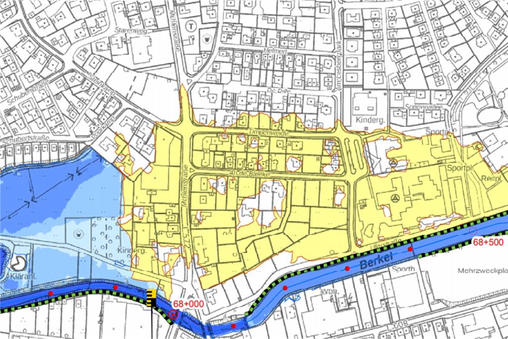 Karte: Diese Häuser und Gebiete in Stadtlohn wären von Hochwasser betroffen Die Deiche schützen den Bereich nördlich der Berkel vor Überschwemmungen. Die gelb markierte Fläche würde ohne diesen Schutz überflutet.
