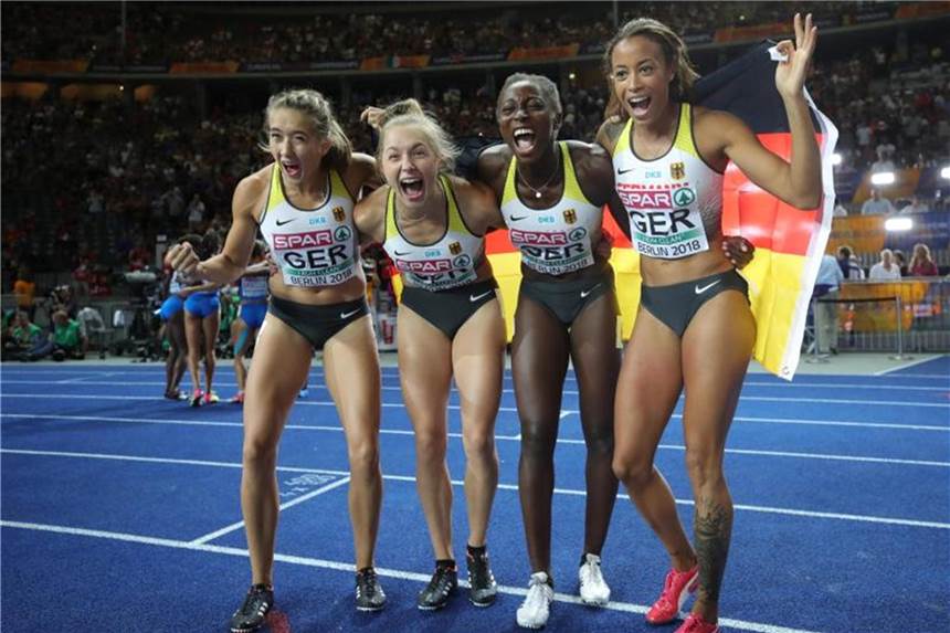 Leichtathletik mit über 5 Millionen Zuschauern Die deutsche 4 x 100 m Staffel der Frauen gewann bei der Leichtathletik-EM in Berlin Bronze. Foto: Michael Kappeler