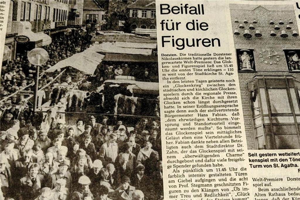 Nach Glockenkrieg um „Zahn-Lücke“: Hörenswürdigkeit ist 40 Jahre alt Zeitungsausschnitt der Dorstener Ruhr Nachrichten über die Einweihung des Glockenspiels.