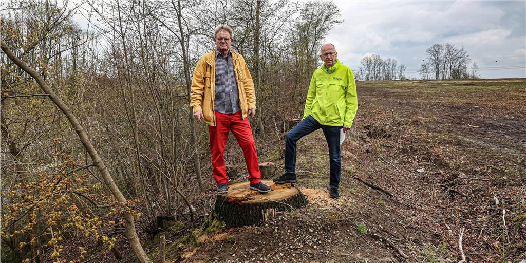 Die Dortmunder Umweltschützer des BUND, Wilhelm Auffarth (l.) und Thomas Quittek haben den rechtswidrigen Kahlschlag an der B1 öffentlich gemacht.