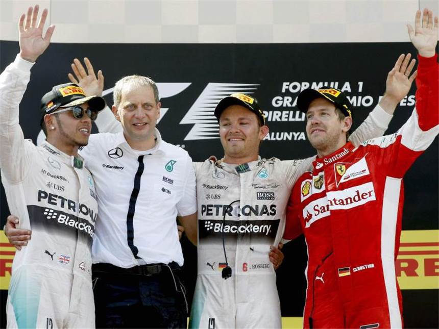 Rosberg jubelt in Barcelona - Hamilton vor Vettel Die drei besten Piloten der Saison treffen sich erneut auf dem Podium. Foto: Andreu Dalmau