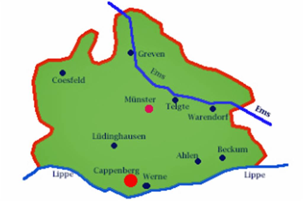 Heimatforscher Ostrop: Cappenberger Grafen verschenkten riesiges Gebiet Die ehemalige, riesige Grafschaft Cappenberg vor Gründung des Klosters, wie sie von Historikern beschrieben ist.