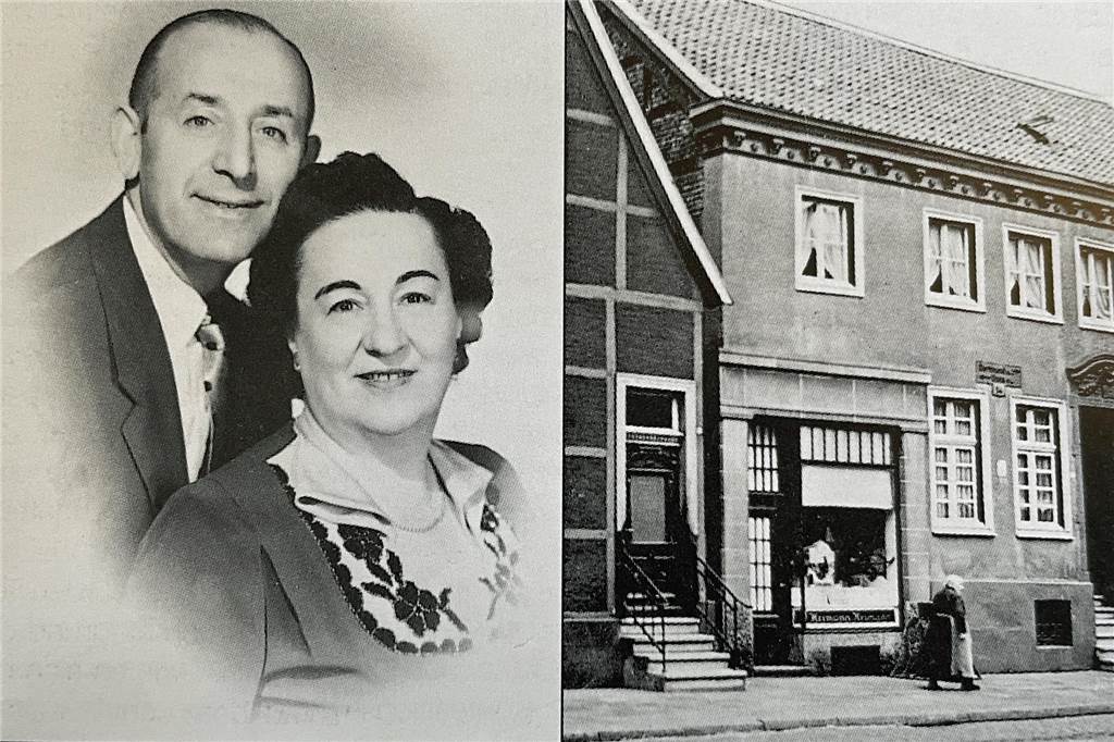 Ehrendoktor für Ruth Oppenheim (94): 1940 flüchtete sie aus Werne vor den Nazis Die Eltern Albert und Rosa Heimann mit einem Foto ihrer Fleischerei an der Steinstraße 33 in Werne, heute Sitz der Baguetterie Schmitz.