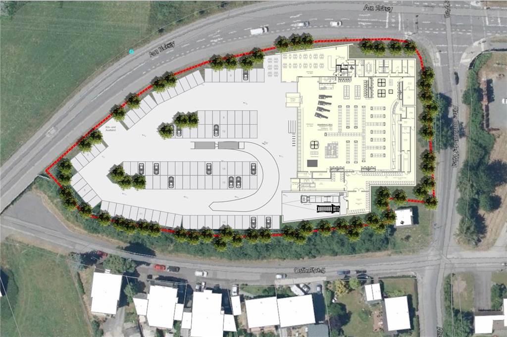 Rewe statt Netto: So sehen die Pläne für den Supermarkt auf der Heide aus Die Erschließung des neuen Geländes erfolgt über die Straße Am Eckey.