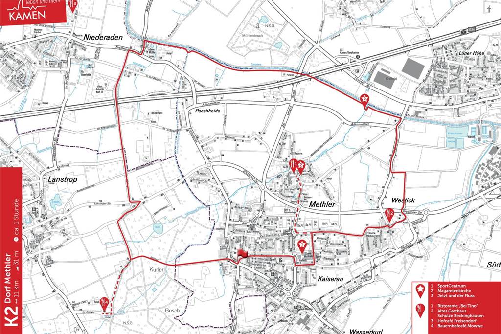 Die Fahrradkarte K2 der Stadt Kamen. Sie ist eine von zehn Touren, die rund um Kamen führen und dabei die Nachbarstädte berühren. Es geht unter anderem durch Niederaden und Lanstrop.