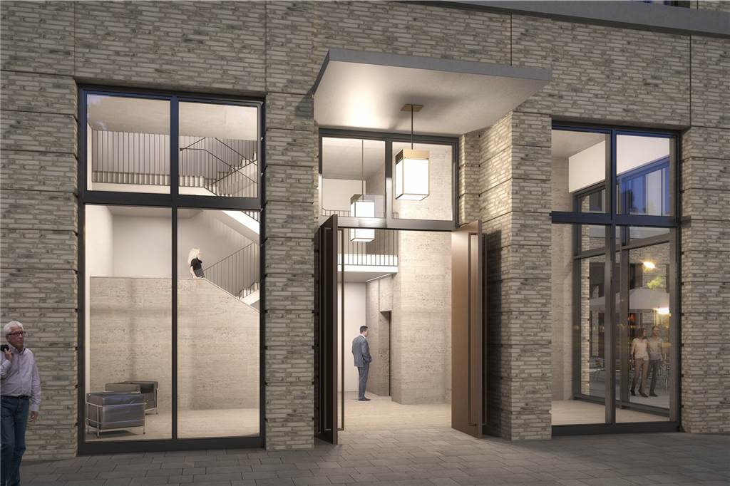 Neues Stiftsforum am Phoenix-See bekommt eine Markthalle Die Fassade erscheint hochwertig mit Naturstein und bodentiefen Fenstern.