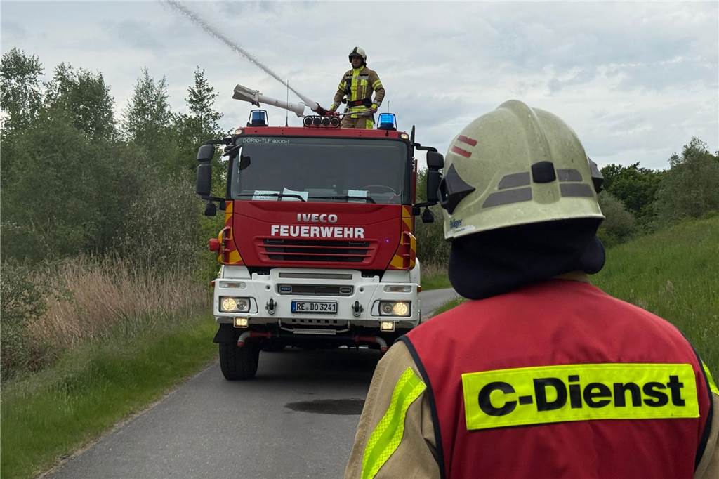 Feuerwehr-Einsatz in Dorsten: Feuerwehrleute bekämpfen Flächenbrand Die Feuerwehr hatte zwei Tanklöschfahrzeuge dabei, die jeweils 4.000 Liter Wasser fassen.
